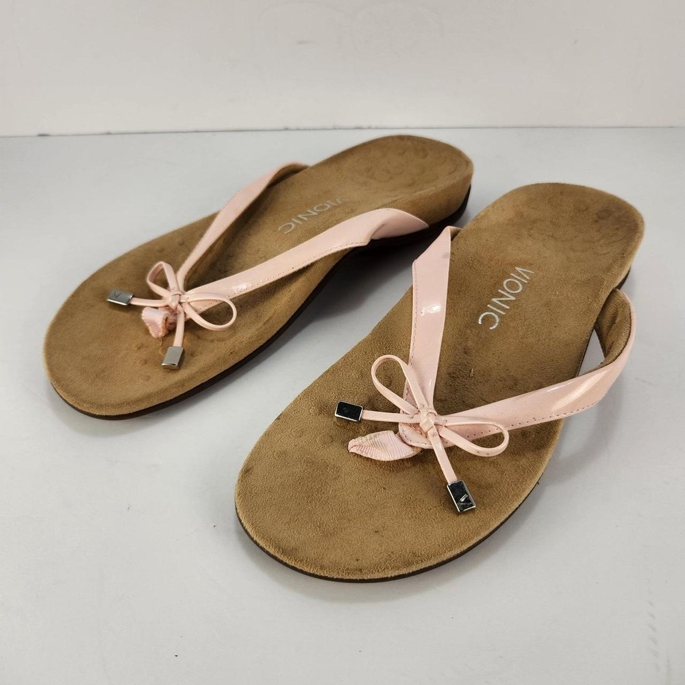 Vionic Women's Size 9 Pink Patent Bow Thong Flip Flop Sandals Comfort Shoes